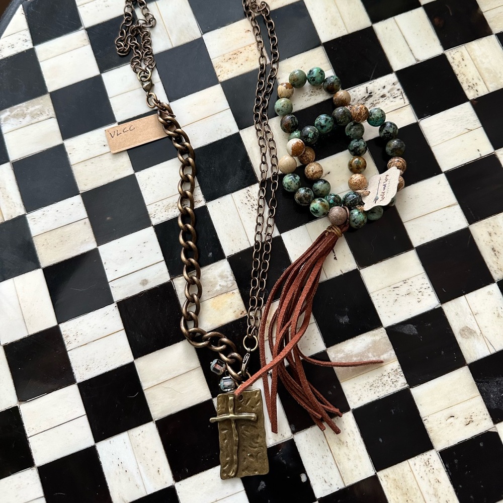 Necklace Bracelet Boho Western Chain Cross Twigs